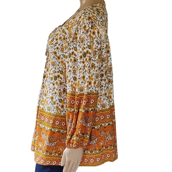 Cottage Core Peasant Boho Tunic Top Blouse Womens L Elephant Flowers Autumn Fall - Picture 14 of 16